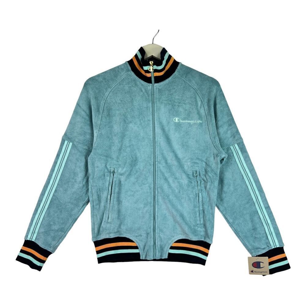 New Champion Men US XS Blue Zip-up Jacket Casual Sport Velor Sweatshirt